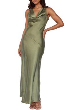 Women's Olive Cowl Neck Summer Satin Backless Sleeveless Elegant Maxi Dress